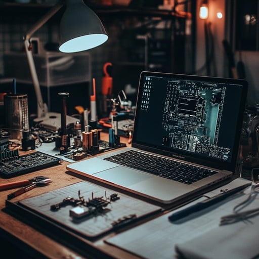 Notebook aberto em uma bancada de tecnologia